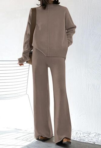 HUUSA Women's 2 Piece Sweatsuit Outfits Long Sleeve High Neck Knit Pullover Sweater Top High Waist Wide Legs Pants Lounge Set in Saudi Arabia