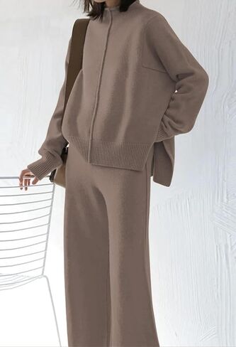 HUUSA Women's 2 Piece Sweatsuit Outfits Long Sleeve High Neck Knit Pullover Sweater Top High Waist Wide Legs Pants Lounge Set in Saudi Arabia