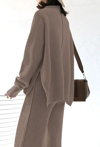 HUUSA Women's 2 Piece Sweatsuit Outfits Long Sleeve High Neck Knit Pullover Sweater Top High Waist Wide Legs Pants Lounge Set in Saudi Arabia