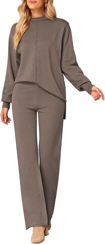HUUSA Women's 2 Piece Sweatsuit Outfits Long Sleeve High Neck Knit Pullover Sweater Top High Waist Wide Legs Pants Lounge Set in Saudi Arabia