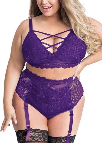 EVELUST Plus Size Lingerie for Women - Sexy Luxe Criss-cross Bra Lace Cup Classic Underwear High Waisted Suspender Set in Kuwait