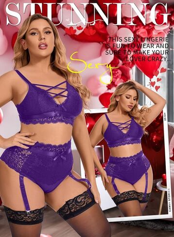 EVELUST Plus Size Lingerie for Women - Sexy Luxe Criss-cross Bra Lace Cup Classic Underwear High Waisted Suspender Set in Kuwait