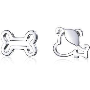 Tiny Small Dog Bone Stud Earrings for Women Teen Girls 925 Sterling Silver Pierced Ear Asymmetrical Cute Pupppy Animal Cartilage Tragus Post Hypoallergenic Minimalist Earrings Gift Pet Lover