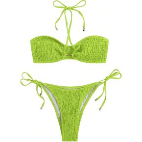 SweatyRocks Women's 2 Piece Bathing Suit Ribbed Tie Side Halter Bikini Swimsuit