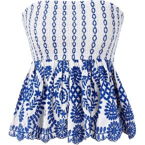 MakeMeChic Women's Boho Tropical Priont Peplum Tube Top Shirred Flared Ruffle Hem Summer Bandeau Shirts