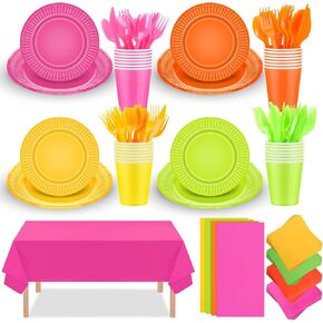 124 Pcs Neon Party Supplies for 24 Guests Includes 7'' 9'' Paper Plates Neon Cups Napkins Plastic Forks Knives Spoons 54 x 72 Inch Neon Color Plastic Tablecloth for Neon Party Decoration