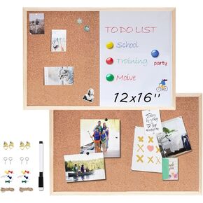 2 حزمة لوحة إعلانات 16 × 12 بوصة (1 لوحة فلين + 1 مجموعة سبورة بيضاء من الفلين)، لوحة فلين معلقة للجدران بإطار خشبي، لوحة رؤية لوحة إشعارات لعرض جداول الصور والمذكرات in Kuwait