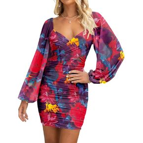 BTFBM Women's Elegant Ruched Bodycon Dresses Summer Fall Mesh Long Sleeve Cross V Neck Party Club Cocktail Mini Dress