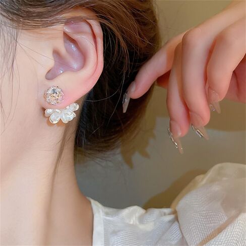 Cluster Flower Stud Earrings for Women Girls Sterling Silver Pins Cubic Zirconia Sparkling Crystal Wedding Earrings Ear Jackets Christmas Jewelry Gifts in Saudi Arabia