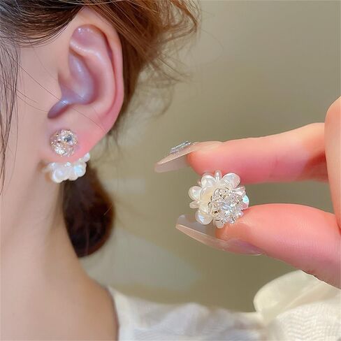 Cluster Flower Stud Earrings for Women Girls Sterling Silver Pins Cubic Zirconia Sparkling Crystal Wedding Earrings Ear Jackets Christmas Jewelry Gifts in Saudi Arabia