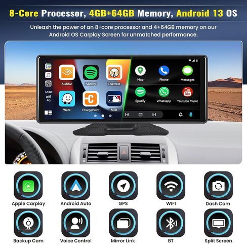 8-Core 4+64G Android OS Wireless Apple Carplay Android Auto with Dash Cam,10.26" Carplay Screen with GPS Navigation, Mirror Link/Backup Camera/Loop Recording/WiFi/Bluetooth/FM/AUX/USB in Saudi Arabia