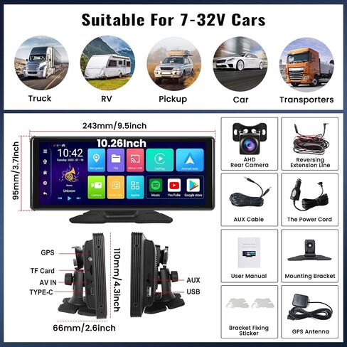 8-Core 4+64G Android OS Wireless Apple Carplay Android Auto with Dash Cam,10.26" Carplay Screen with GPS Navigation, Mirror Link/Backup Camera/Loop Recording/WiFi/Bluetooth/FM/AUX/USB in Saudi Arabia