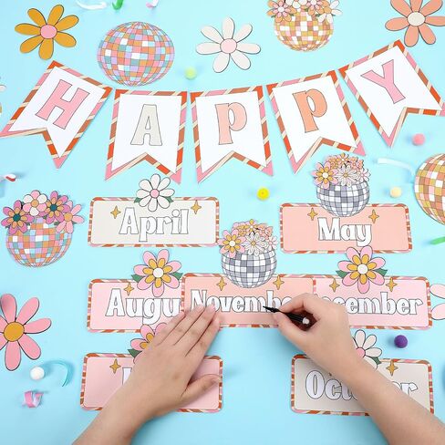 35 Pcs Groovy Disco Happy Birthday Bulletin Board Set Classroom Birthday Chart Decoration Cutouts Birthday Wall Calendar Decorations for Teachers School Classroom Decorations in Saudi Arabia