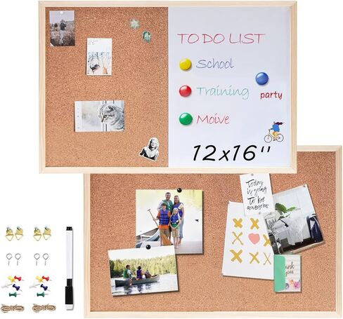 2 حزمة لوحة إعلانات 16 × 12 بوصة (1 لوحة فلين + 1 مجموعة سبورة بيضاء من الفلين)، لوحة فلين معلقة للجدران بإطار خشبي، لوحة رؤية لوحة إشعارات لعرض جداول الصور والمذكرات in Kuwait