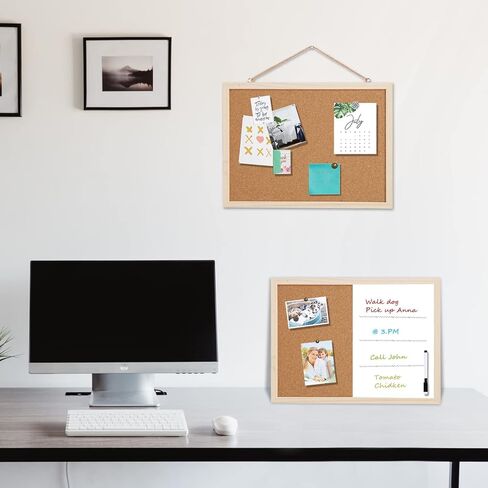 2 حزمة لوحة إعلانات 16 × 12 بوصة (1 لوحة فلين + 1 مجموعة سبورة بيضاء من الفلين)، لوحة فلين معلقة للجدران بإطار خشبي، لوحة رؤية لوحة إشعارات لعرض جداول الصور والمذكرات in Kuwait