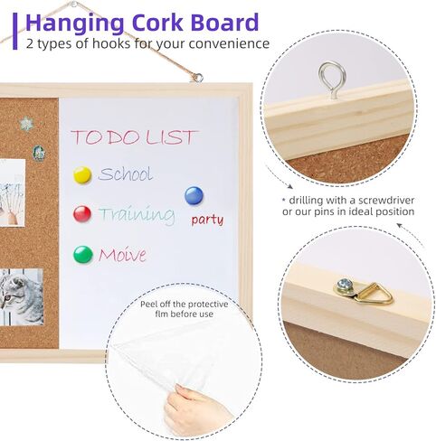 2 حزمة لوحة إعلانات 16 × 12 بوصة (1 لوحة فلين + 1 مجموعة سبورة بيضاء من الفلين)، لوحة فلين معلقة للجدران بإطار خشبي، لوحة رؤية لوحة إشعارات لعرض جداول الصور والمذكرات in Kuwait