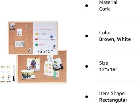 2 حزمة لوحة إعلانات 16 × 12 بوصة (1 لوحة فلين + 1 مجموعة سبورة بيضاء من الفلين)، لوحة فلين معلقة للجدران بإطار خشبي، لوحة رؤية لوحة إشعارات لعرض جداول الصور والمذكرات in Kuwait