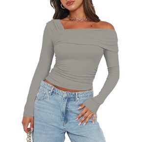 Women's One Off Shoulder Long Sleeve Top Casual Going Out Y2K Tops Slim Fit T-Shirts Ruched Crop Top