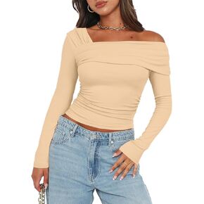 Women's One Off Shoulder Long Sleeve Top Casual Going Out Y2K Tops Slim Fit T-Shirts Ruched Crop Top