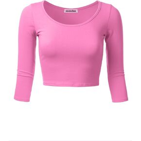 SSOULM Women's 3/4 Sleeve Scoop Neck Cotton Slim Fit Crop Top (S-1XL)