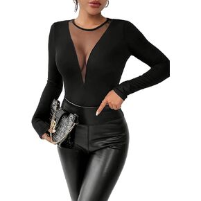 Women's T-Shirt Contrast Mesh Sheer Slim Fit Tee Solid Round Neck Long Sleeve Sexy Top for Women