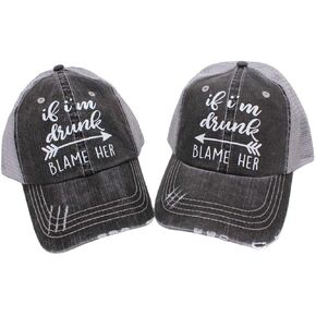 If I'm Drunk Blame Her (Set of 2pcs) Women's Trucker Hat Cap Black/Grey