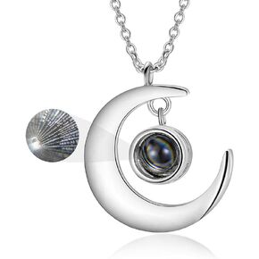 SOULMEET Sterling Silver Moon Necklace with I Love You in 100 Languages Projection/Personalize Photo Projection Pendant Jewelry Gifts for Girlfriend Wife Mom Daughter Sister