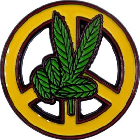 Marijuana Leaf Fingers on Yellow Peace Sign Enamel Pin