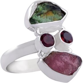 Raw Tourmaline & Garnet Solid 925 Sterling Silver Chunky Ring Jewelry