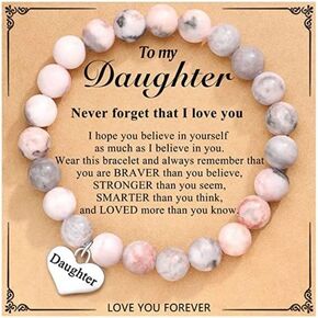 Fuqimanman2020 Pink Natural Stone Silver Heart Charm Bracelet for Mama Daughter Sister Best Friend Birthday Christmas Valentines Mothers Day Gifts With Massage Card