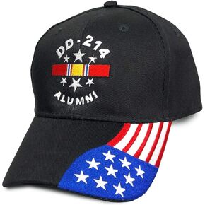 DD-214 Alumni Black Hat with National Service Ribbon and American Flag Bill