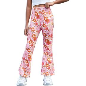 WDIRARA Girl's Floral Print Elastic Waist Flare Bell Bottom Pants Stretchy Long Pants