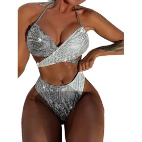 Women's 2 Piece Holographic Metallic Bikini Set Sexy Backless Cross Wrap Swimsuit High Waisted Bathing Suit