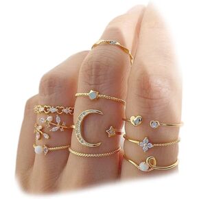 FUTIMELY Gold Crysta Sparkle Knuckle Rings Set for Women Boho Cute Moon Star Snake Stackable Finger Rings Pack Stacking Rings for Teen Girl Christmas Gifts