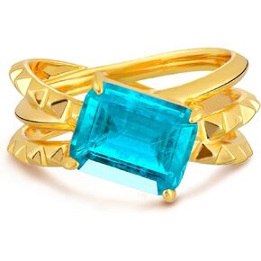 Gold Simulated Emerald/Paraiba Ring for Women Solitaire 8 * 10MM Cut 14K Gold Plated Minimalist Stack Triple Row Rolling Interlocking Pyramid Band Finger Jewelry Size 6-8