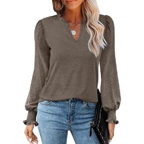 JAWINT Women's Puff Long Sleeve T Shirt Fall Cute Dressy Casual Ruffle V Neck Tunic Tops
