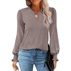 JAWINT Women's Puff Long Sleeve T Shirt Fall Cute Dressy Casual Ruffle V Neck Tunic Tops
