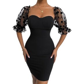 Floerns Women's Mesh Polka Dots Puff Short Sleeve Sweetheart Bodycon Mini Dress