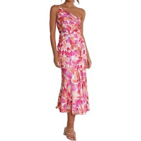 Womens Sexy Off Shoulder Sleeveless Ruched Satin Floral Printed Bodycon Party Clubwear Casual Fishtail Dress