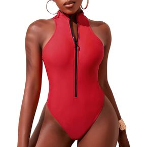 بدلة سباحة مثيرة قطعة واحدة بسحاب Baywatch للنساء ذات قصة عالية الساق صفيق ثوب سباحة من قطعة واحدة 80s 90s ثياب