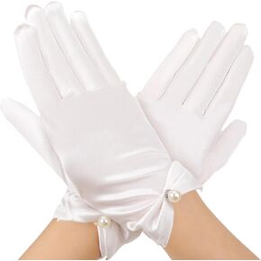 KALIONE White Satin Gloves, Women's Short White Gloves, White Princess Gloves, Pure White Silk Gloves with Pearl Pendant for Women Girls Brides Wedding Opera Banquet Costume Party
