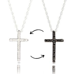 MAX + STONE Reversible White & Black Diamond Cross Necklace | Sterling Silver Diamond Necklace with Adjustable 18" or 20" Chain | Real Diamond Cross Pendant Necklace | Silver Cross Necklace