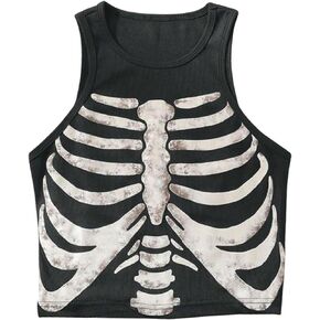 Meladyan Women Y2K Skeleton Graphic Print Aesthetic Crop Tank Top Sleeveless Ribbed Knit Grunge E-Girl Goth Cropped Vest Tops