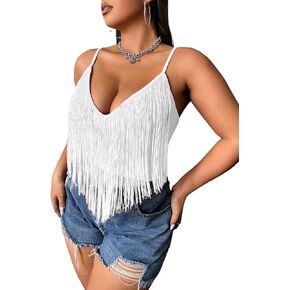 Plus Size Fringe Crop Tops for Women - Western Country Concert Outfits Festival Tassel Y2k Boho Rodeo Cami Rave Cowgirl Shirt