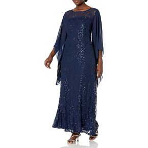 S.L. Fashions Women's Plus Size All Over Lace Gown with Chiffon Sleeves