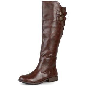 Journee Collection Womens Tori Knee-High Boots in Regular, Wide, and Extra Wide Calf with Buckled Strap Details, Brown (Extra Wide Calf), 10