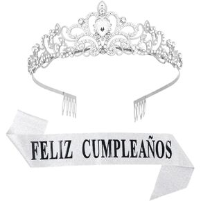 Feliz Cumpleaños Sash&Rhinestone Crystal Tiara,Spanish Happy Birthday banner, Mexican Party Decorations for Women.(Sliver)