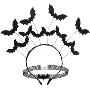 Funsveta Lace Cat Ears Headband Bell Choker Necklaces Lace Eye Mask Halloween Fancy Dress Cosplay