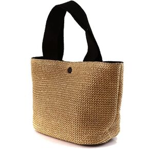 1 Piece Summer Beach Rattan Bag Handwoven Shoulder Bags with Wide Shoulder Strap Women Straw Woven Tote (Black Handle)