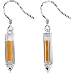 Teacher Earrings 925 Sterling Silver Cubic Zirconia Pencil Dangle Earrings for Women,Funny Pen Drop Earrings for Teen Girls,Teachers,Professors, Sterling Silver, Cubic Zirconia